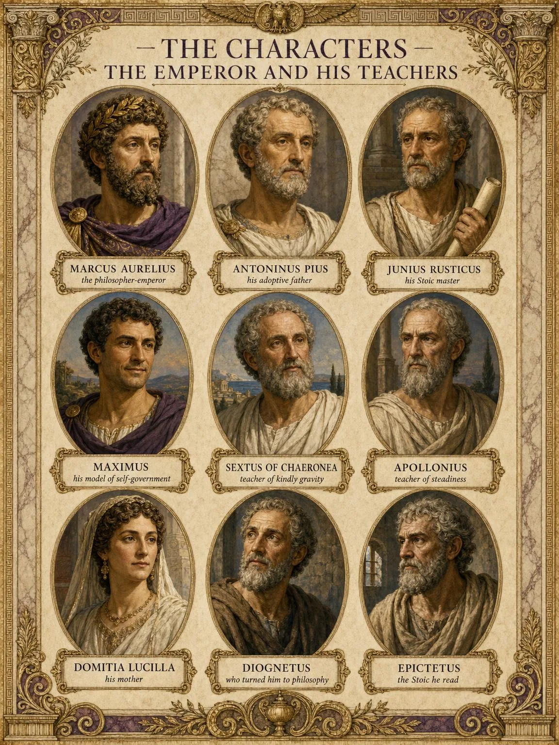 The Characters — the emperor and his teachers, in medallion.