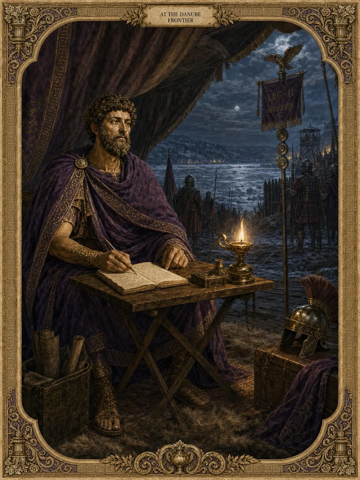 Writing by Lamplight — the emperor at his notebook in the camp on the Danube.