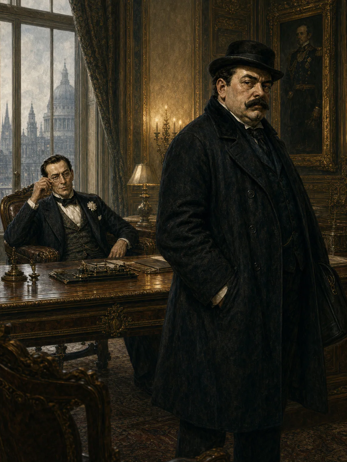 At the Embassy: Mr Vladimir measures an uneasy Adolf Verloc through his round eyeglass.