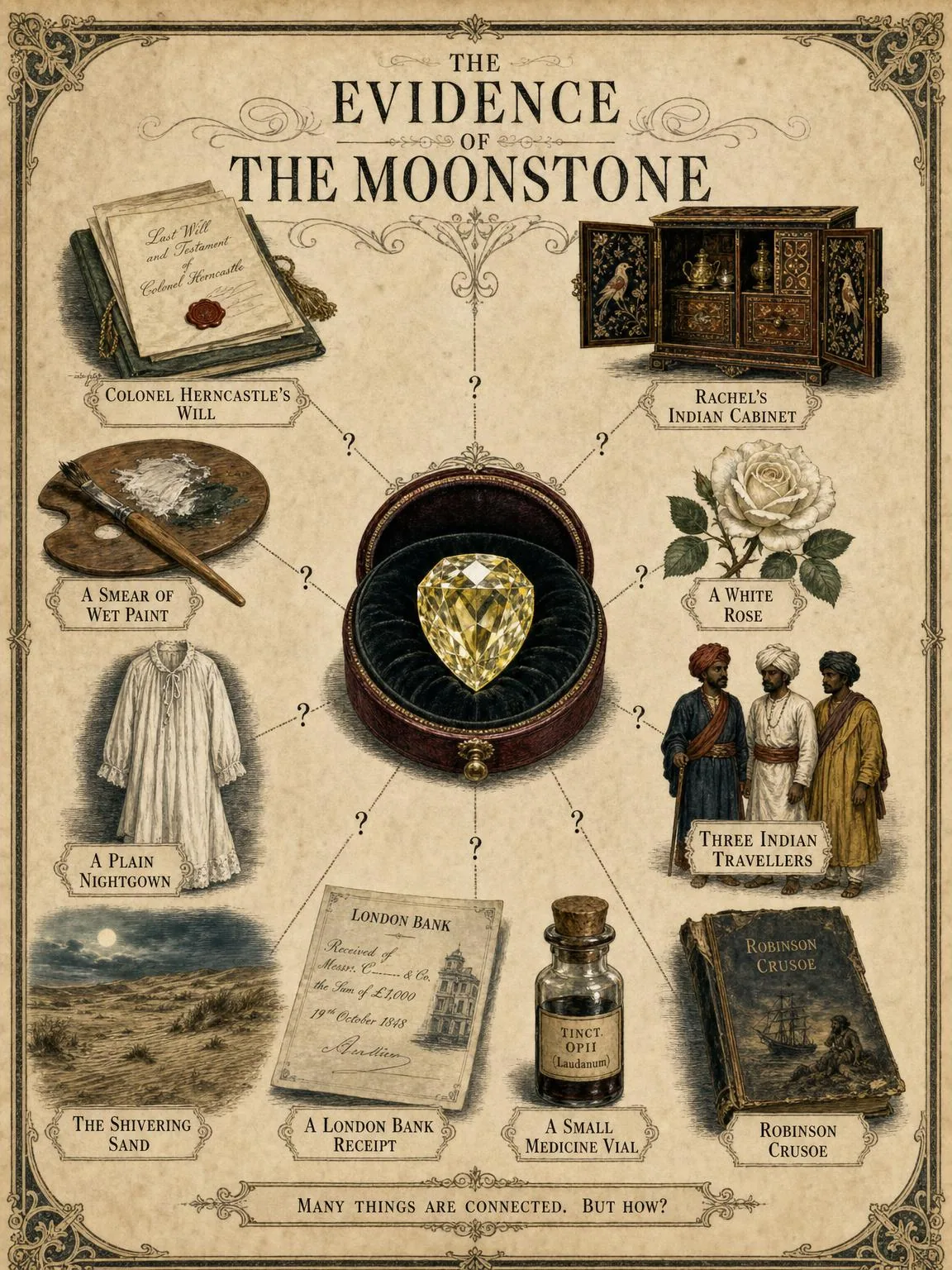 The evidence of The Moonstone: objects, places and unanswered connections.