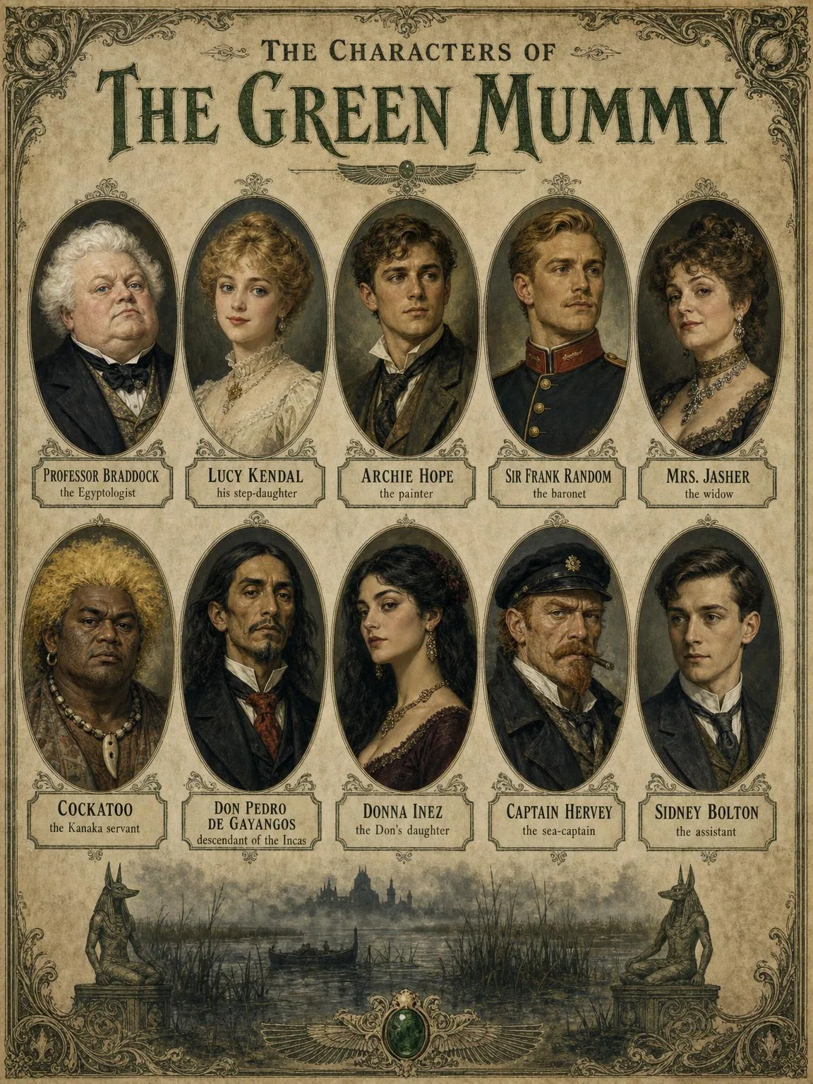 The Characters of the Green Mummy — the whole cast, in medallion.