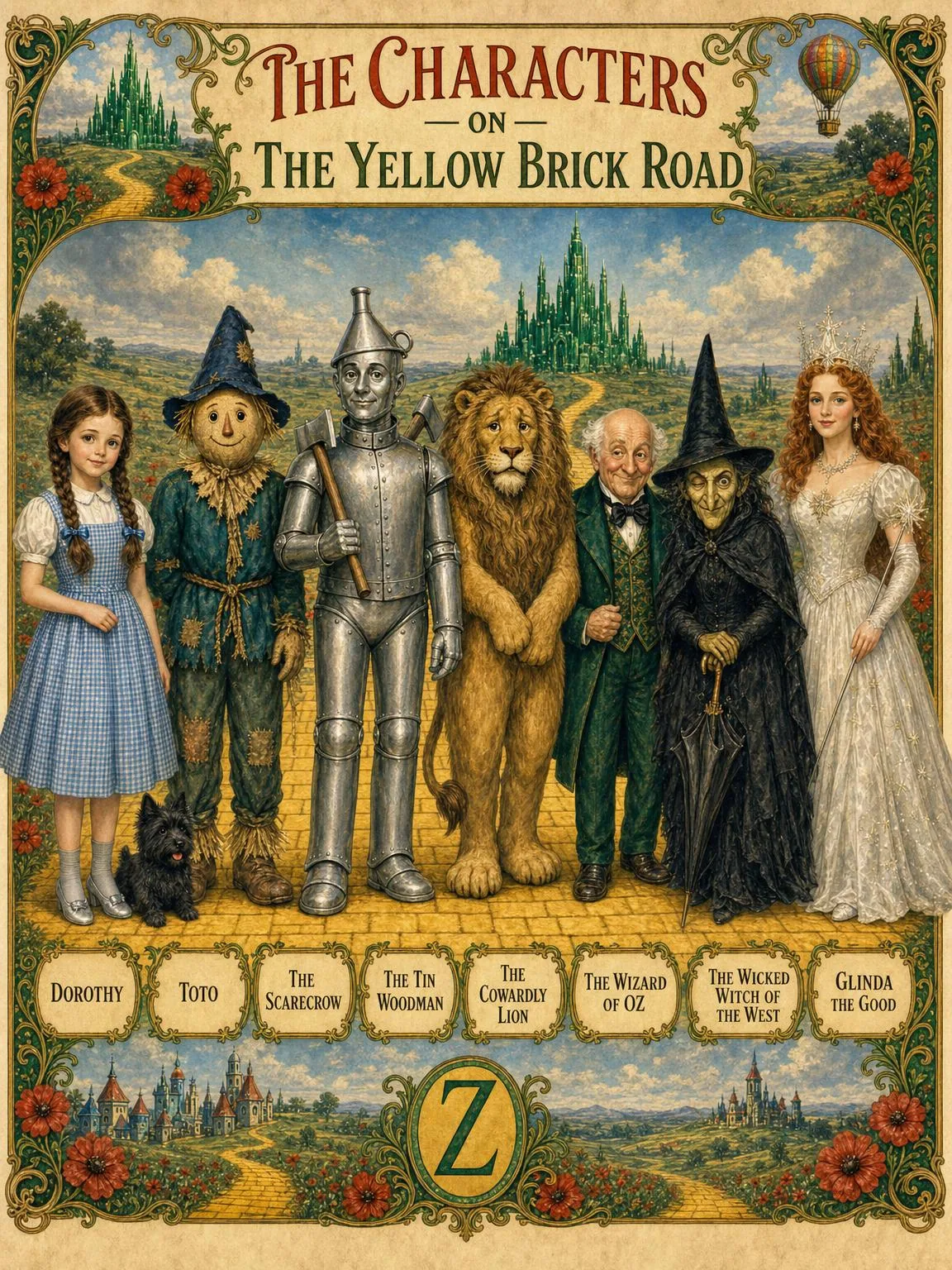 The Characters — on the Yellow Brick Road, at full length.