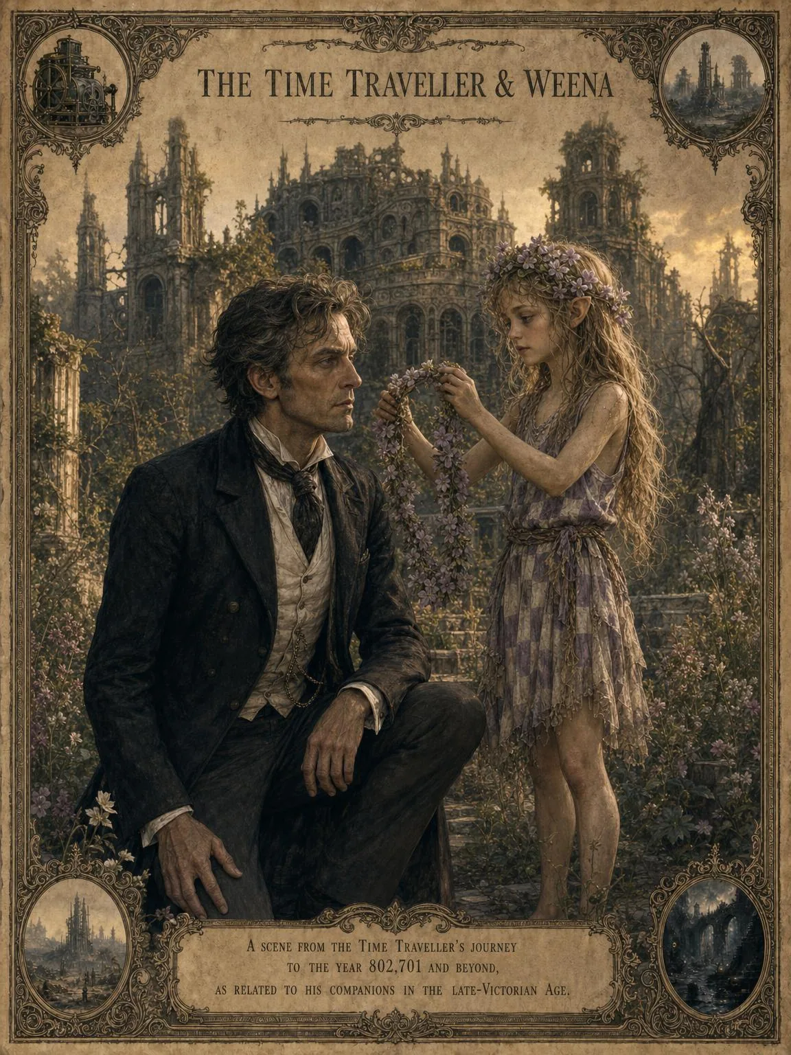 The Time Traveller and Weena in the overgrown future garden.