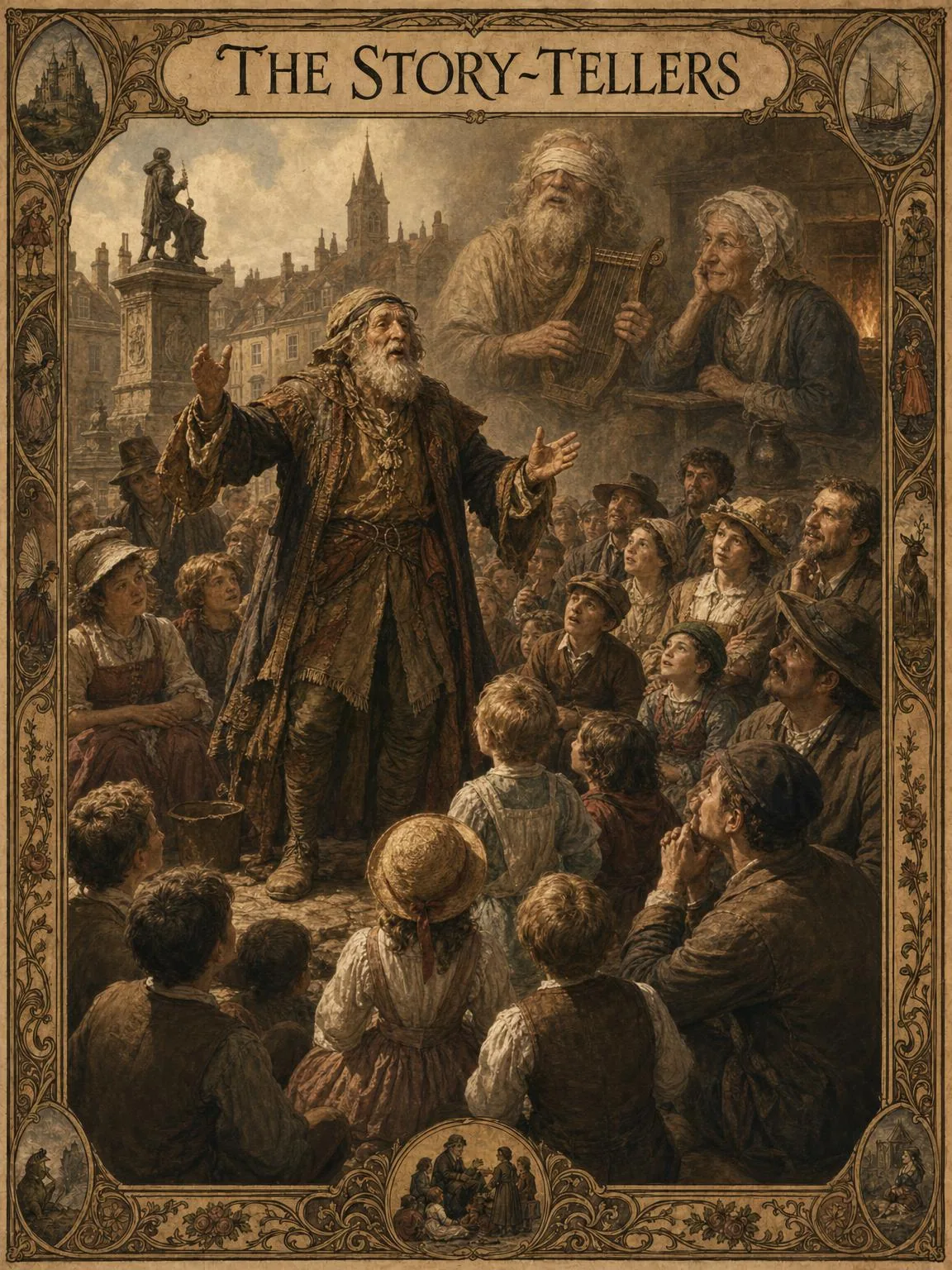 The age-old art: a street story-teller and the older tellers from whom the tradition descends.