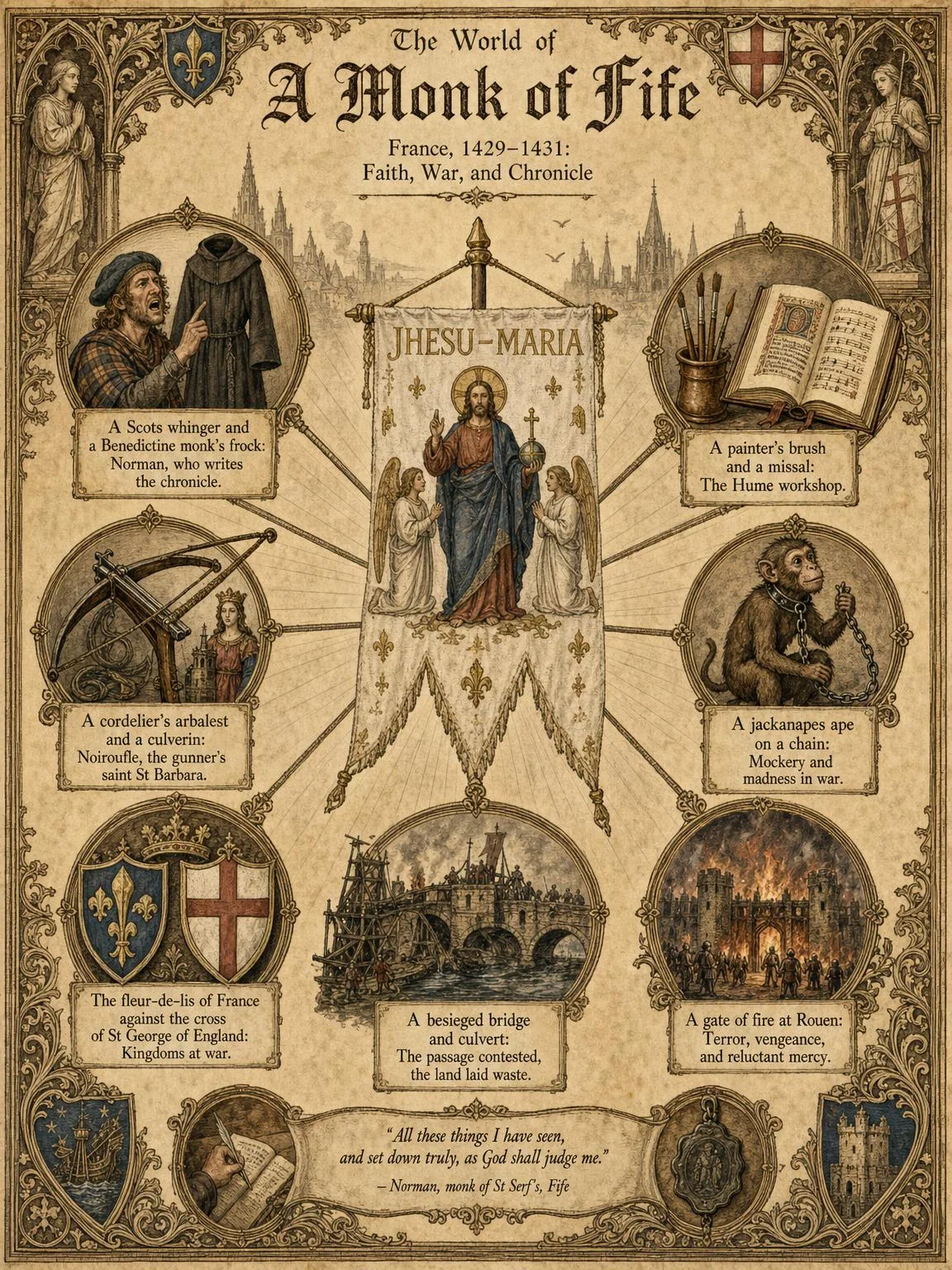 The World of A Monk of Fife — banner, blade, and the gunner's saint.