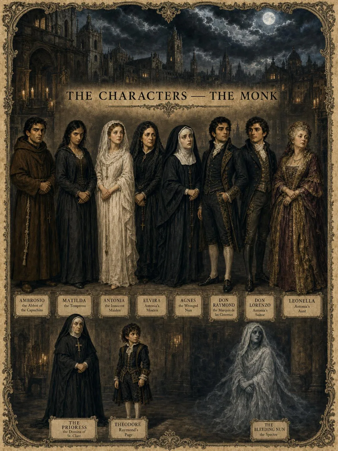 The Characters — the monk, the maiden, and the shadows around them, at full length.