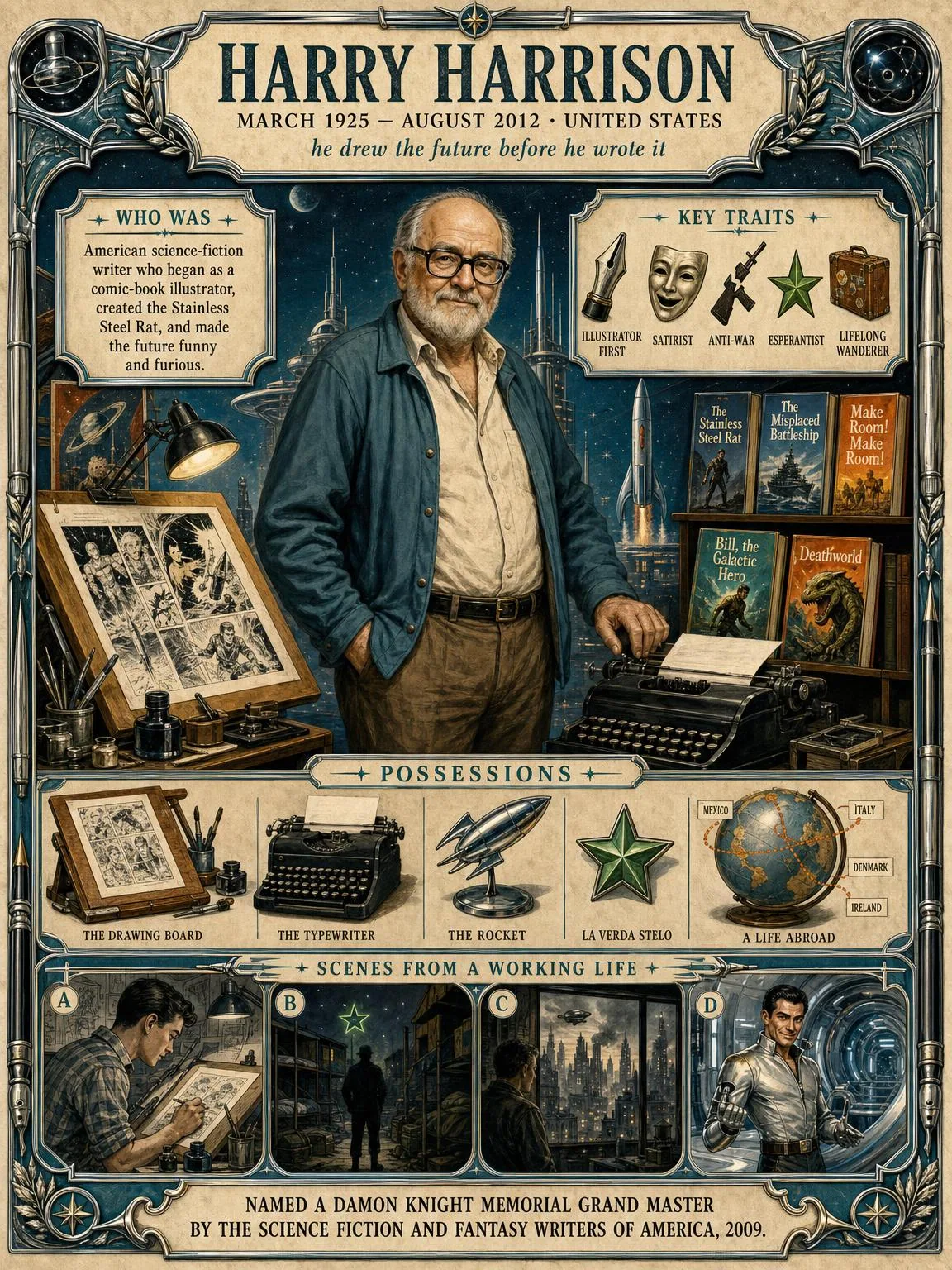 Harry Harrison — illustrated author plate